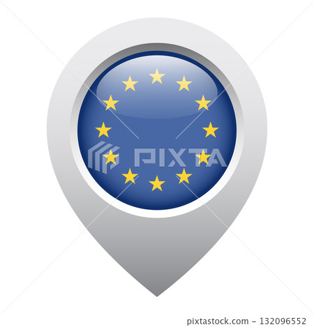 map pointer icon with glossy round flag of European Union 132096552