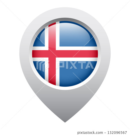 map pointer icon with glossy round flag of Iceland 132096567