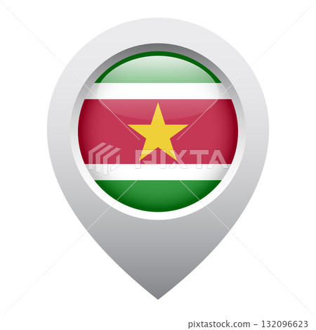 map pointer icon with glossy round flag of Suriname 132096623