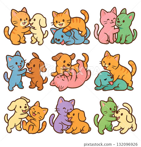 Colorful and cute! 9 anime-style poses of cats and dogs playing together Colorful and cute! 9 anime-style poses of cats and dogs playing together 132096926