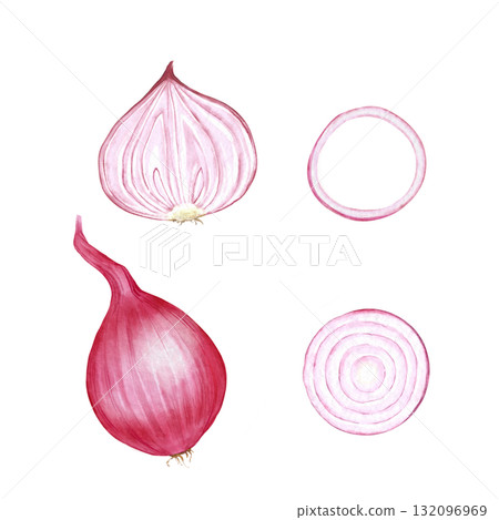 Hand-drawn is Illustration of red onion bulb, half slice, and onion rings, isolated on white background. Design for cooking blog decor, restaurant menu, fresh vegetable packaging, or recipe card 132096969