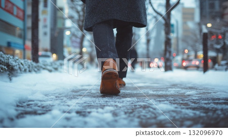 雙腳走在積雪的人行道上 雙腳走在積雪的人行道上 132096970