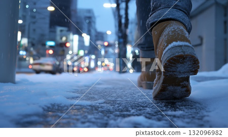 雙腳走在積雪的人行道上 132096982