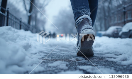 Feet walking on a snow-covered sidewalk Feet walking on a snow-covered sidewalk 132096986