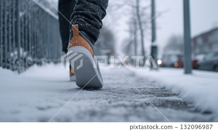 Feet walking on a snow-covered sidewalk Feet walking on a snow-covered sidewalk 132096987