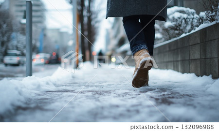 Feet walking on a snow-covered sidewalk 132096988