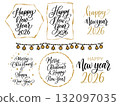 Vector elegant Christmas and New Year 2026 lettering set in gold and black. Festive calligraphy designs perfect for cards, posters, and holiday 132097035
