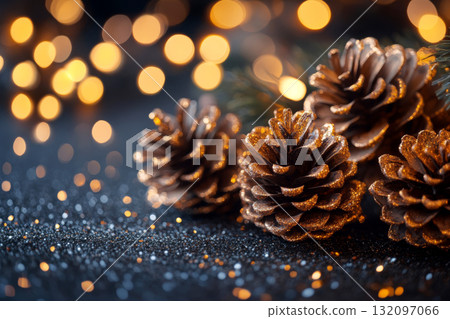 Glittering pine cones on a dark, sparkling surface with a warm golden bokeh background. Glittering pine cones on a dark, sparkling surface with a warm golden bokeh background. 132097066