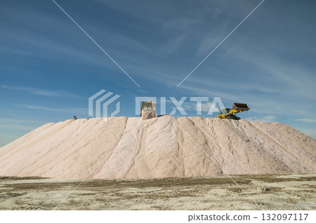 Trucks unloading raw salt bulk, Salinas Grandes de Hidalgo, La Pampa, Argentina. Trucks unloading raw salt bulk, Salinas Grandes de Hidalgo, La Pampa, Argentina. 132097117