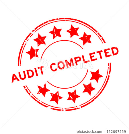 Grunge red audit completed word round rubber seal stamp on white background 132097239