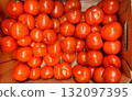 A vibrant display of ripe cherry tomatoes stacked neatly in a basket at a bustling local market. Close-up. 132097395