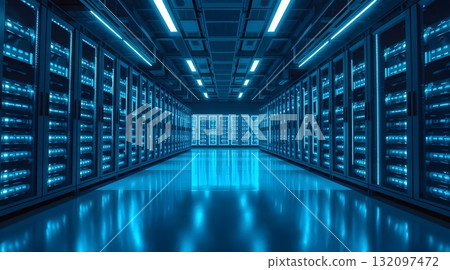 Computer network server room with server racks and modern interior design. Computer network server room with server racks and modern interior design. 132097472
