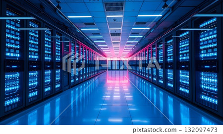 Computer network server room with server racks and modern interior design. 132097473