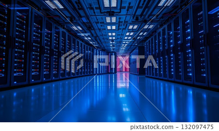 Computer network server room with server racks and modern interior design. 132097475