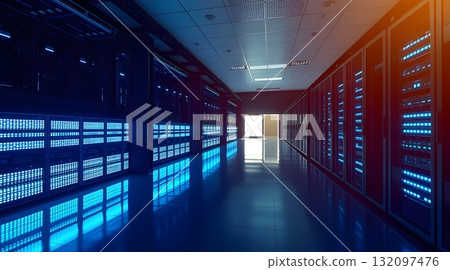 Computer network server room with server racks and modern interior design. 132097476