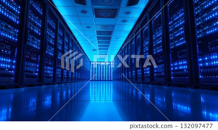 Computer network server room with server racks and modern interior design. Computer network server room with server racks and modern interior design. 132097477