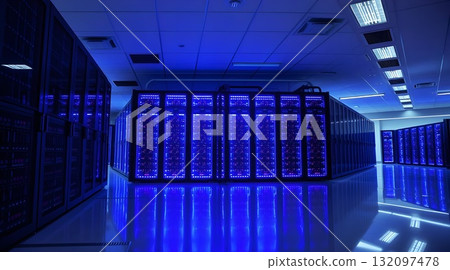 Computer network server room with server racks and modern interior design. 132097478