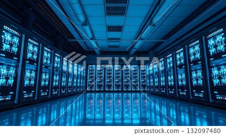Computer network server room with server racks and modern interior design. 132097480