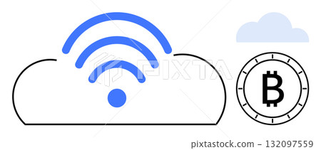 Cloud icon with wireless signal, blue accents, and Bitcoin symbol. Ideal for finance, cryptocurrency, cloud storage, digital finance, technology, wireless communication, internet of things themes Cloud icon with wireless signal, blue accents, and Bitcoin symbol. Ideal for finance, cryptocurrency, cloud storage, digital finance, technology, wireless communication, internet of things themes 132097559