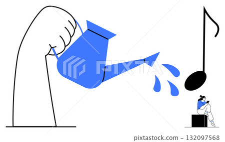 A large hand waters a musical note with a blue watering can, as a person sits reading. Ideal for creativity, art, nurturing talent, music education, personal growth, imagination, metaphorical 132097568