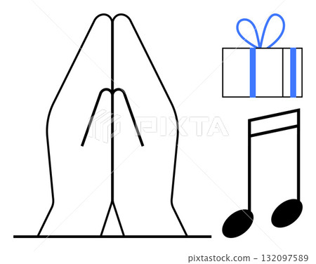 Praying hands gesture with a blue-accented gift box and a black musical note. Ideal for themes thumbs up gratitude, celebration, spirituality, music, meditation, giving, and simplicity. Line metaphor 132097589
