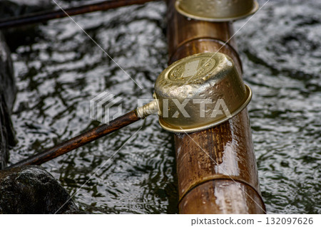 Traditional Japanese Water Ladle on Bamboo 132097626