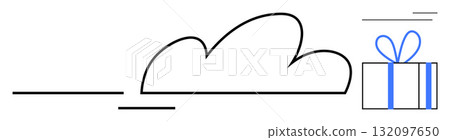 Stylized cloud next to a gift box wrapped with a blue ribbon. Ideal for technology, data storage, cloud services, digital rewards, online shopping, e-commerce, holiday promotions. Line metaphor Stylized cloud next to a gift box wrapped with a blue ribbon. Ideal for technology, data storage, cloud services, digital rewards, online shopping, e-commerce, holiday promotions. Line metaphor 132097650