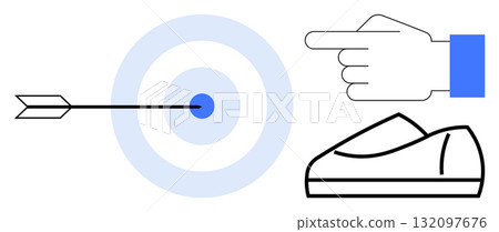 Arrow hitting bullseye target with concentric circles, hand pointing right, and sneaker. Ideal for goal setting, navigation, achievement, success, sports, direction, motivation. Line metaphor Arrow hitting bullseye target with concentric circles, hand pointing right, and sneaker. Ideal for goal setting, navigation, achievement, success, sports, direction, motivation. Line metaphor 132097676