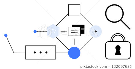 Network of geometric shapes representing data flow linked to lock symbol and magnifying glass. Ideal for cybersecurity, data protection, network analysis, technology, IT infrastructure, secure Network of geometric shapes representing data flow linked to lock symbol and magnifying glass. Ideal for cybersecurity, data protection, network analysis, technology, IT infrastructure, secure 132097685