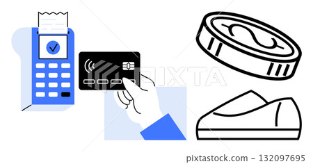 Hand holds credit card near payment terminal with printed receipt, alongside coins, credit card, and wallet. Ideal for finance, banking, retail, e-commerce, contactless payments, shopping, digital 132097695