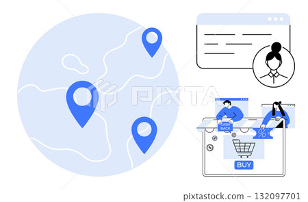 Global map with location pins, webpage interface, shopping cart with buy button, people reviewing products. Ideal for e-commerce, online shopping, global market, digital marketing, customer service 132097701