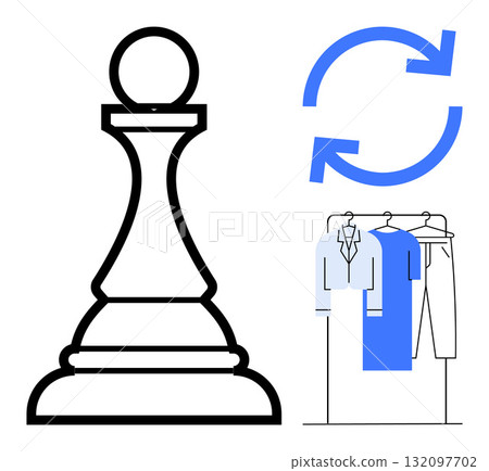 Large chess pawn, clothing on a rack, and refresh arrows symbolizing strategy, fashion, and renewal. Ideal for business strategy, fashion industry, renewal concepts, decision making strategic Large chess pawn, clothing on a rack, and refresh arrows symbolizing strategy, fashion, and renewal. Ideal for business strategy, fashion industry, renewal concepts, decision making strategic 132097702