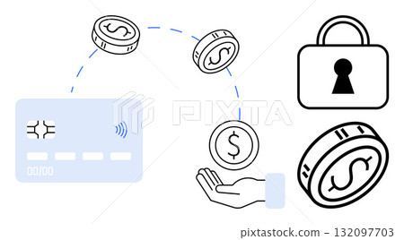 Hand receiving coins from payment card with secure lock. Ideal for finance, digital transactions, security, online banking, e-commerce, financial services, fintech concepts. Line metaphor Hand receiving coins from payment card with secure lock. Ideal for finance, digital transactions, security, online banking, e-commerce, financial services, fintech concepts. Line metaphor 132097703