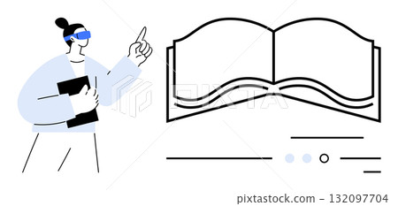A person wearing virtual reality glasses holds a tablet, pointing at an open book icon with digital elements. Ideal for education, technology, innovation, e-learning, futuristic, VR concepts, digital A person wearing virtual reality glasses holds a tablet, pointing at an open book icon with digital elements. Ideal for education, technology, innovation, e-learning, futuristic, VR concepts, digital 132097704