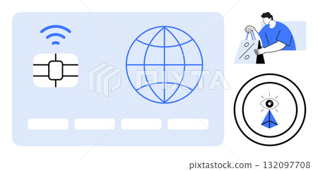 Digital credit card with chip, globe icon, secure wireless symbol. Man holding shopping bags, eye with paper airplane symbolizing secure transaction. Ideal for e-commerce, cybersecurity, finance Digital credit card with chip, globe icon, secure wireless symbol. Man holding shopping bags, eye with paper airplane symbolizing secure transaction. Ideal for e-commerce, cybersecurity, finance 132097708