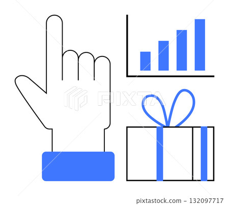 Hand pointing upward next to ascending bar chart and gift box with ribbon. Ideal for business, charts, rewards, success, decisions, milestones, and achievements. Line metaphor 132097717