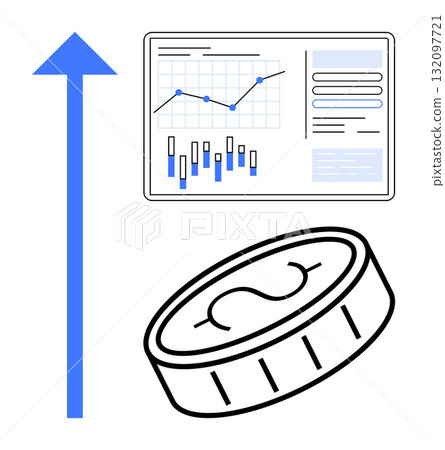 Rising arrow, financial dashboard with line and bar charts, dollar coin showing financial growth and investment potential. Ideal for investment, business growth, financial planning, economic 132097721