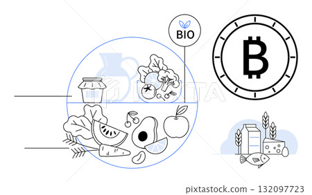 Graphical representation of fresh organic food items like vegetables and fruits alongside icons of Bitcoin, bio label, and grocery items. Ideal for technology, finance, agriculture, sustainability 132097723