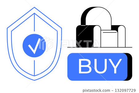 Shield icon with checkmark and padlock above Buy button represent online security. Ideal for e-commerce, fintech, cybersecurity, payment gateways, digital marketing, software, data protection. Line 132097729