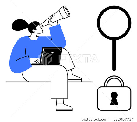 Woman with laptop using telescope, magnifying glass, and padlock symbolize exploration and discovery. Ideal for security, internet research, data analysis, digital safety, online privacy Woman with laptop using telescope, magnifying glass, and padlock symbolize exploration and discovery. Ideal for security, internet research, data analysis, digital safety, online privacy 132097734