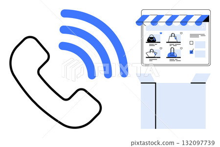 Telephone with signal waves, online shopping website with products, and open delivery box. Ideal for e-commerce, customer service, technology, online retail, digital marketing, logistics Telephone with signal waves, online shopping website with products, and open delivery box. Ideal for e-commerce, customer service, technology, online retail, digital marketing, logistics 132097739