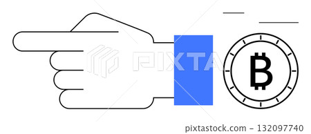 Hand with blue sleeve pointing towards Bitcoin symbol, indicating cryptocurrency direction. Ideal for finance, investment, cryptocurrency, blockchain, digital currency, tech trends, financial Hand with blue sleeve pointing towards Bitcoin symbol, indicating cryptocurrency direction. Ideal for finance, investment, cryptocurrency, blockchain, digital currency, tech trends, financial 132097740