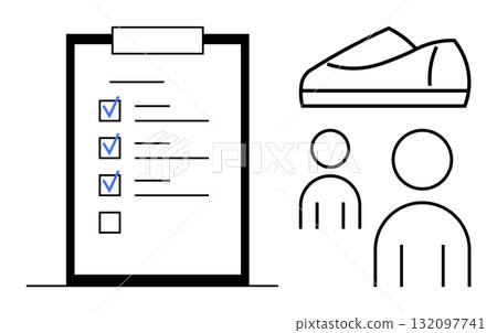 Checklist with marked items, two outline figures, and a pair of shoes. Ideal for project planning, teamwork, task management, product development, design brainstorming, teamwork coordination 132097741