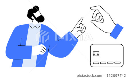 Man in blue sweater pointing to hand reaching for credit card. Ideal for online payments, digital transactions, finance, e-commerce, financial literacy, banking apps, educational materials. Line Man in blue sweater pointing to hand reaching for credit card. Ideal for online payments, digital transactions, finance, e-commerce, financial literacy, banking apps, educational materials. Line 132097742