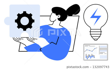 Woman holding a large puzzle piece with a gear symbol, contemplating an idea represented by a light bulb icon. Data chart on screen in background. Ideal for innovation, teamwork, problem-solving Woman holding a large puzzle piece with a gear symbol, contemplating an idea represented by a light bulb icon. Data chart on screen in background. Ideal for innovation, teamwork, problem-solving 132097743