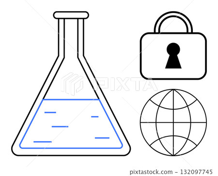 Laboratory flask with liquid, security padlock, and globe outline. Ideal for scientific research, data protection, cybersecurity, global networks, education communication innovation concepts. Line Laboratory flask with liquid, security padlock, and globe outline. Ideal for scientific research, data protection, cybersecurity, global networks, education communication innovation concepts. Line 132097745