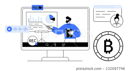 Person presenting financial charts on screen with video conferencing tools, chat, and Bitcoin symbol. Ideal for remote work, financial tech, cryptocurrency, webinars, virtual meetings, online Person presenting financial charts on screen with video conferencing tools, chat, and Bitcoin symbol. Ideal for remote work, financial tech, cryptocurrency, webinars, virtual meetings, online 132097746