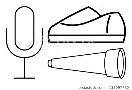 Microphone adjacent to a shoe and telescope in simplistic black line style. Ideal for creativity, communication, exploration, design, technology, minimalism, branding. Line metaphor 132097780