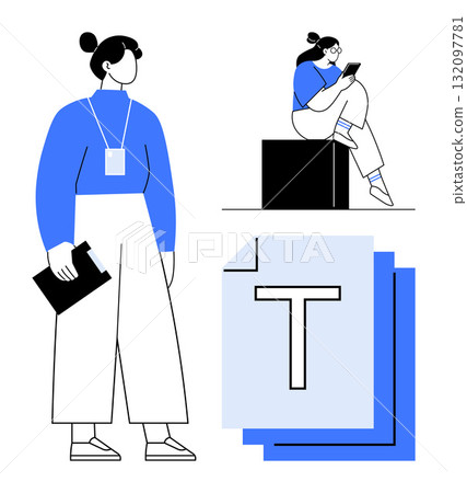 Young professional with clipboard and worker sitting on block using phone, next to document stack. Ideal for teamwork, communication, multitasking, office dynamics, business, productivity, youth 132097781