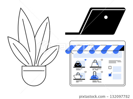 Laptop, potted plant, and a digital storefront showcasing handbags. Ideal for e-commerce, online shopping, digital marketing, retail businesses, product display, web design and lifestyle promotions 132097782